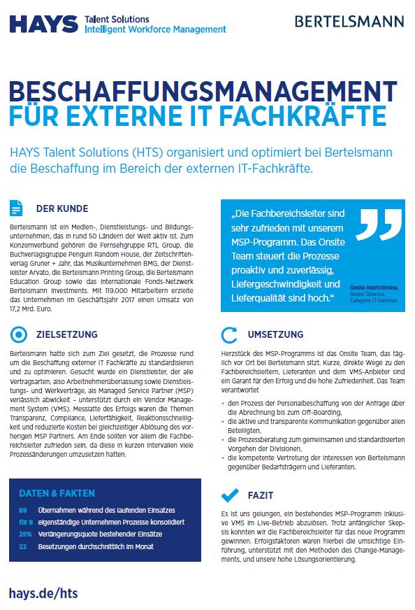 HAYS Talent Solutions organisiert bei Bertelsmann die Beschaffung externer IT-Fachkräfte.