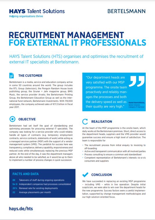 HAYS Talent Solutions organisiert bei Bertelsmann die Beschaffung externer IT-Fachkräfte. HAYS Talent Solutions organisiert bei Bertelsmann die Beschaffung externer IT-Fachkräfte.