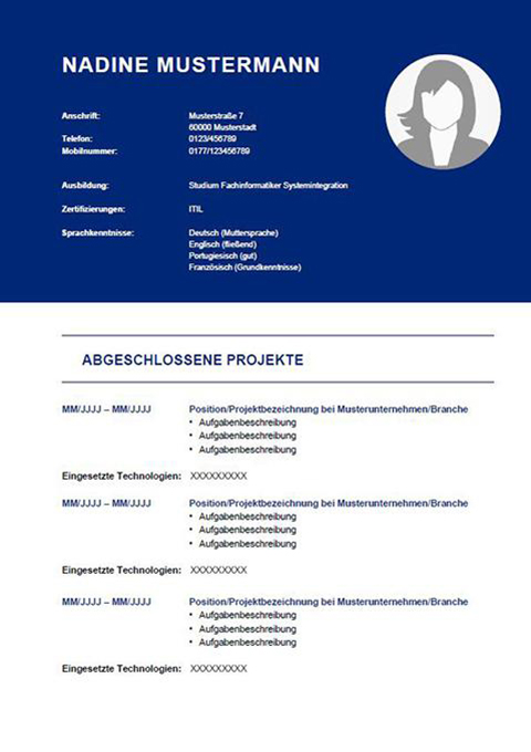 Lebenslauf-Vorlage mit Projektliste