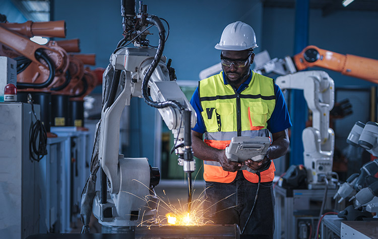 Mitarbeiter bedient mit Fernbedienung Schweißroboter